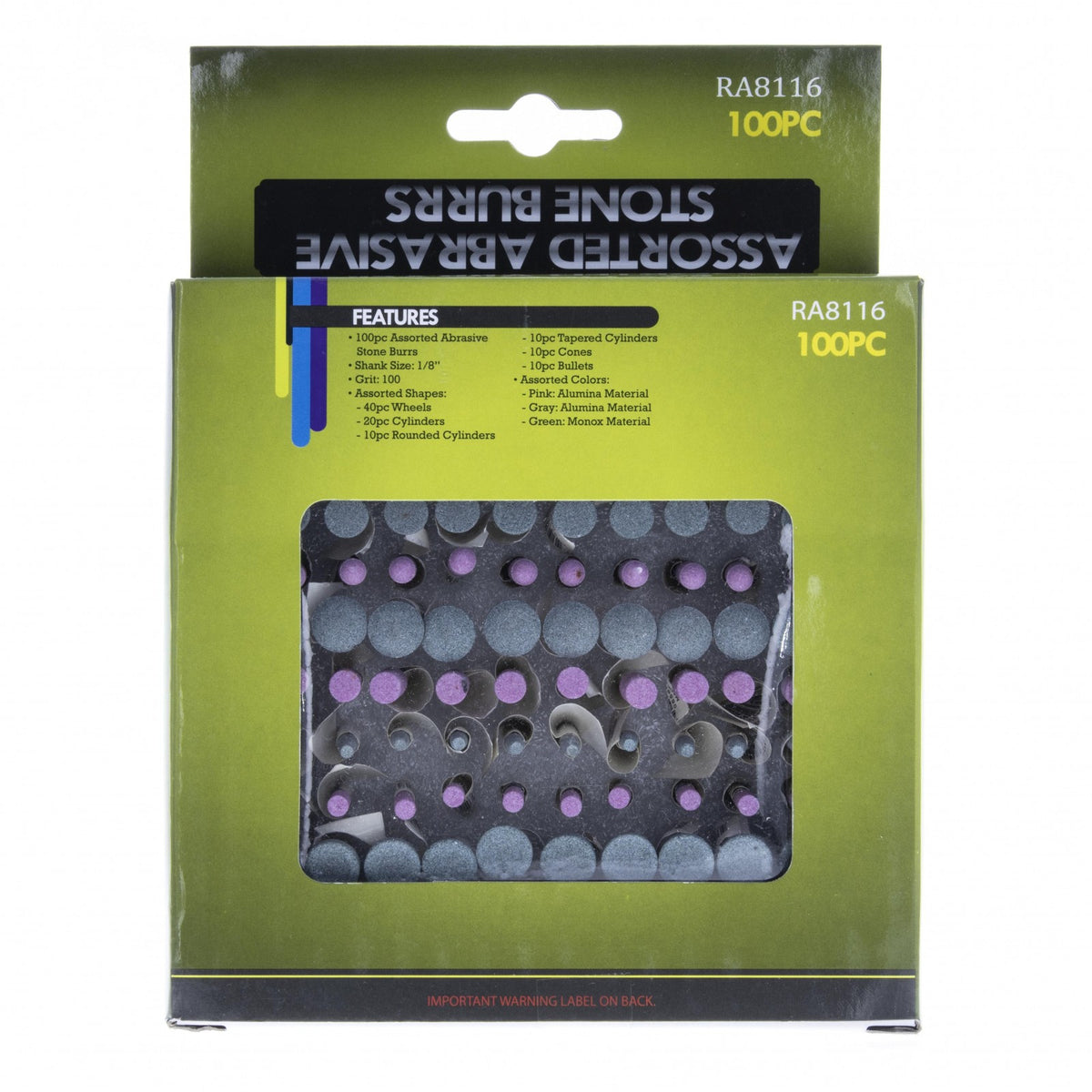 Multiple abrasive stone burrs with mandrels included in a 100-piece set for sanding and repairs
