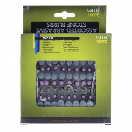 Multiple abrasive stone burrs with mandrels included in a 100-piece set for sanding and repairs