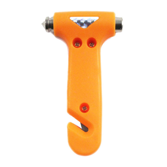 Red auto emergency hammer with built-in seatbelt cutter and pointed window punch