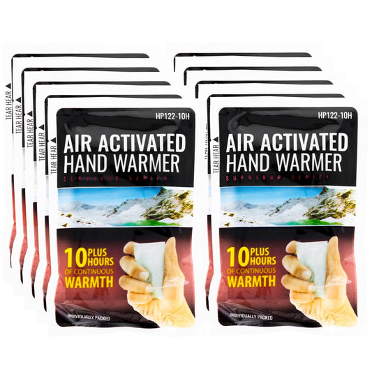 Twenty hand warmer packets grouped together for emergency and outdoor use