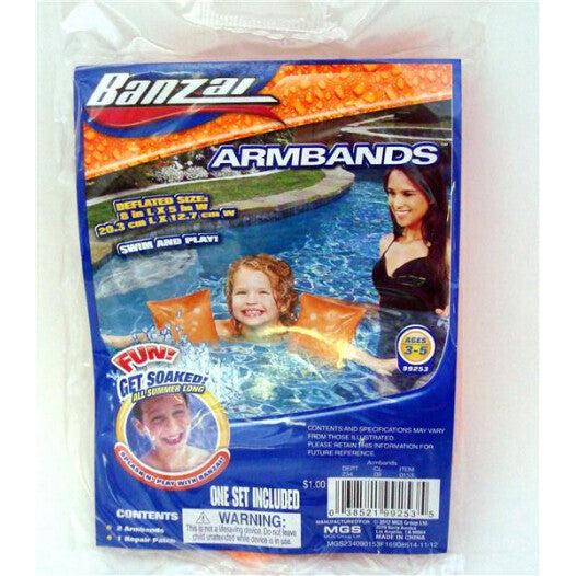 Banzai inflatable arm floaties in bright colors for kids, shown inflated and ready for pool use