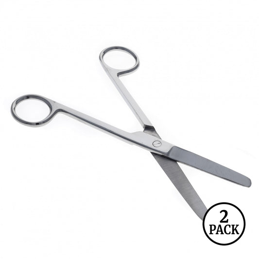 Pair of stainless steel scissors with straight 5.5-inch blades and blunt points, arranged on a flat surface.