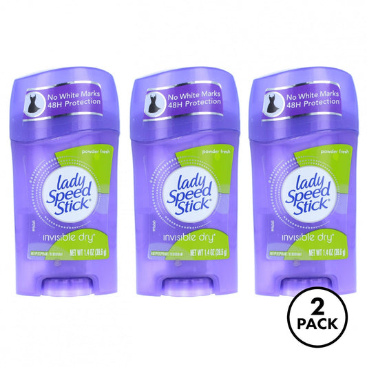 Two packs of Lady Speed Stick Women's Invisible Dry Deodorant, each containing three Powder Fresh sticks.