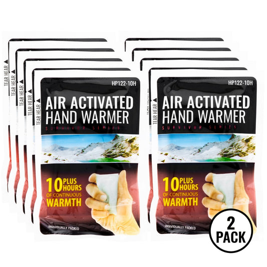 Two packs of hand warmers labeled for outdoor cold weather and campfire survival use.