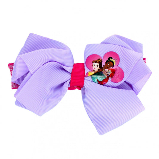 Purple glittery elastic hair band with bow, designed for girls, inspired by Disney Princess theme