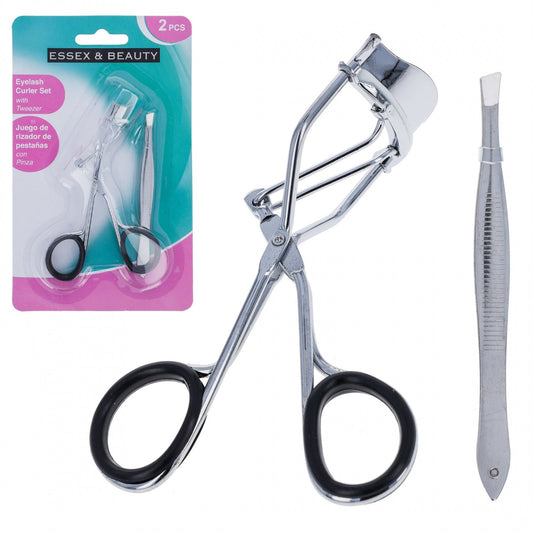 Eyelash curler and tweezer set, two pieces side by side