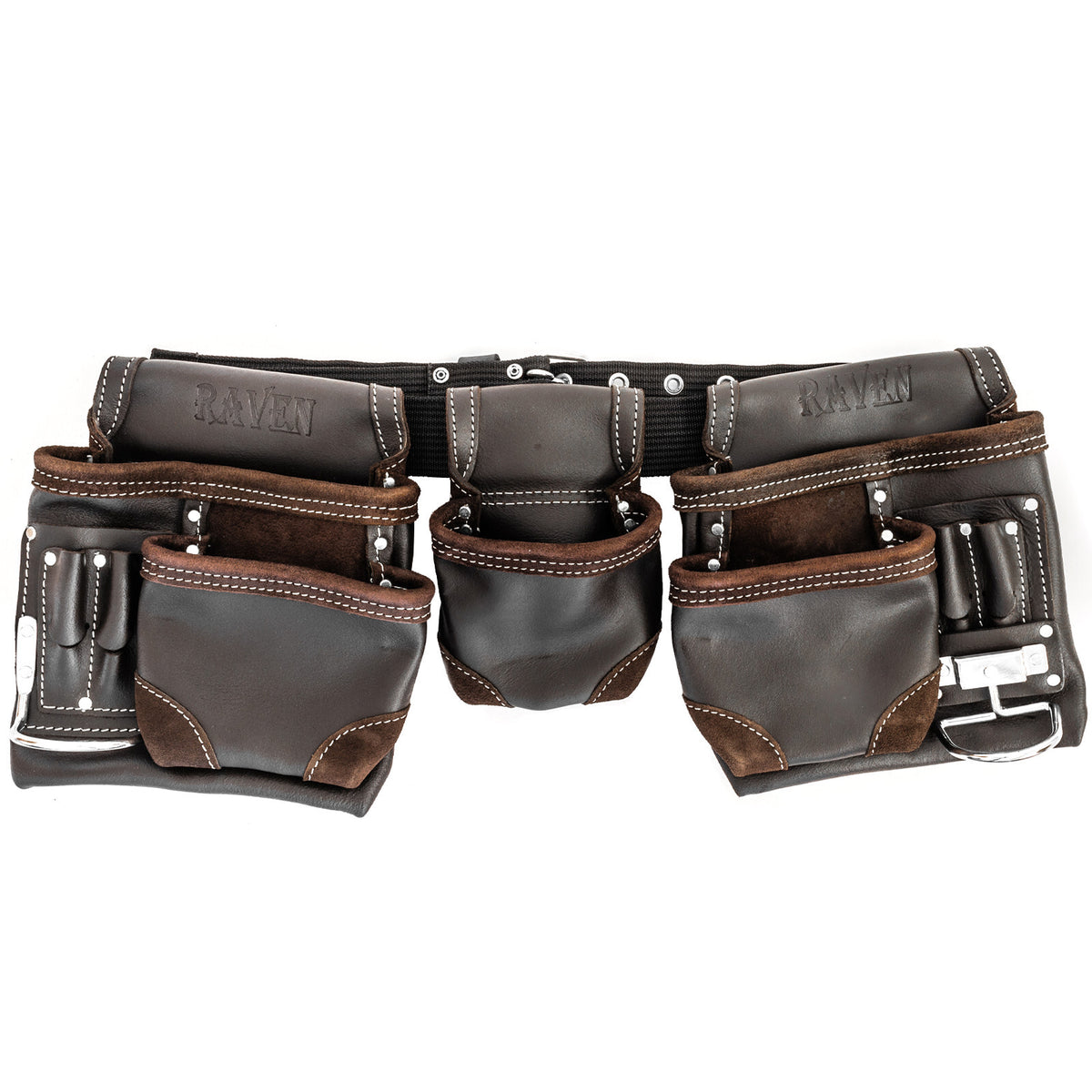 Dark brown genuine leather tool belt with 12 pockets.