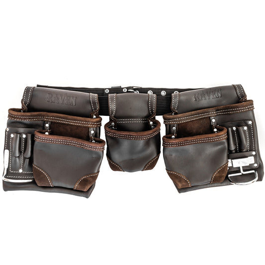Dark brown genuine leather tool belt with 12 pockets.