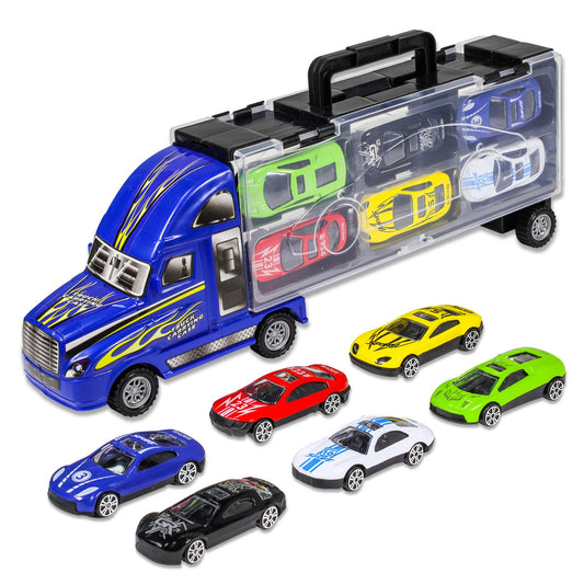 Kidplokio blue semi truck with toy cars in a 7 piece diecast playset for boys ages 3 and up