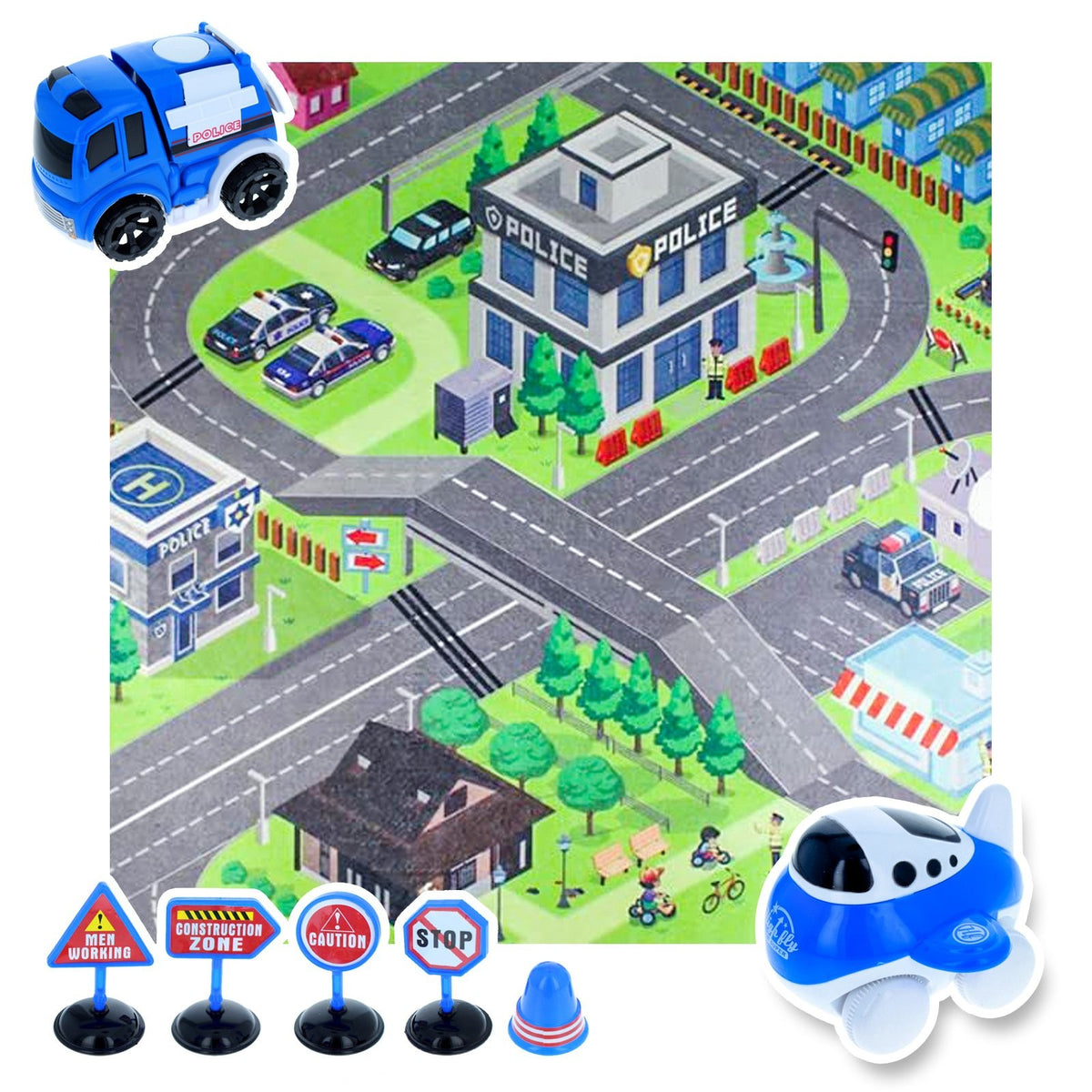 Kidplokio 8pc Urban City Police Friction Powered Toy Cars with Play Mat, Blue,, view 2