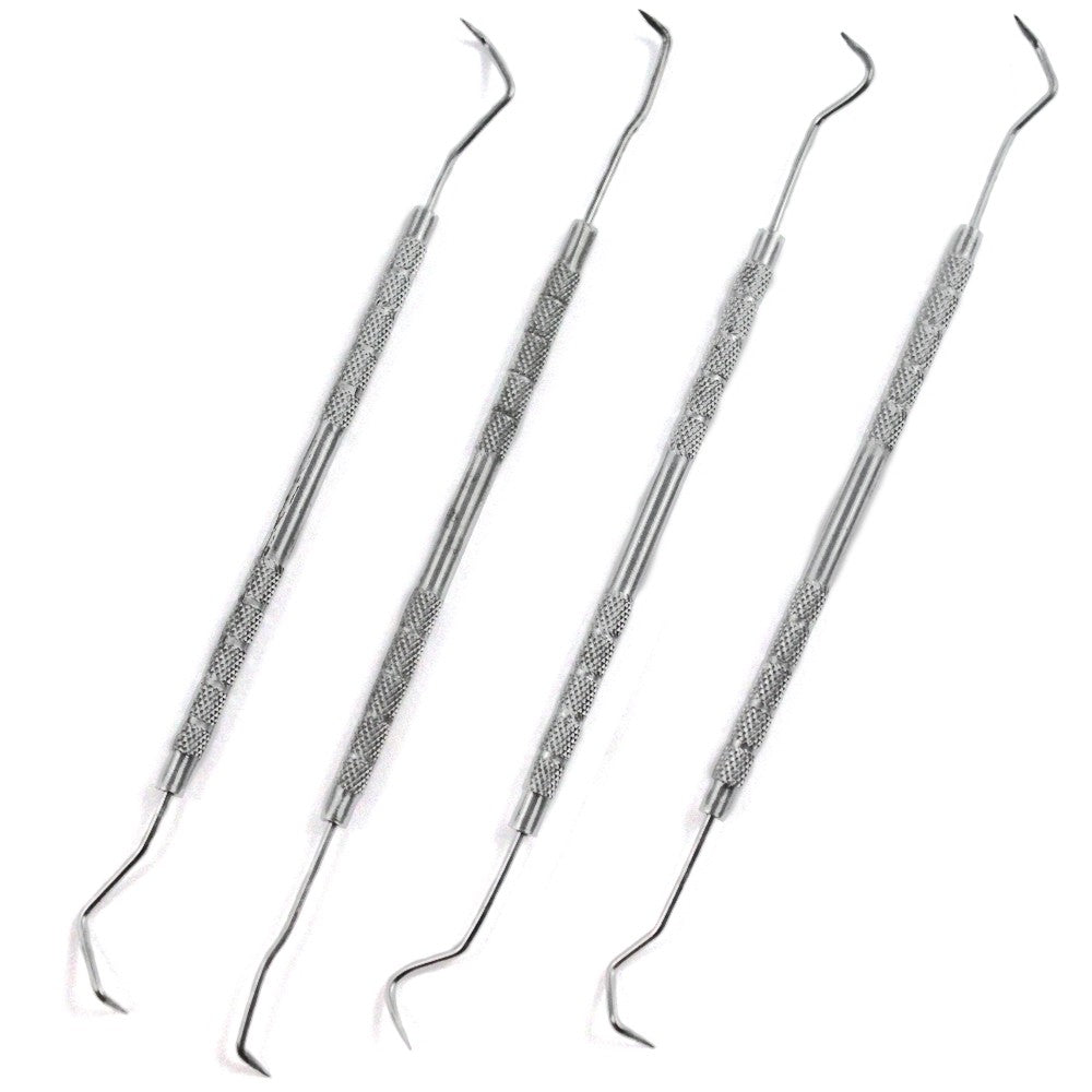 Four stainless steel double-ended knurled picks arranged side by side.