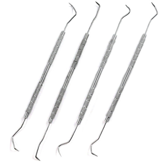 Four stainless steel double-ended knurled picks arranged side by side.