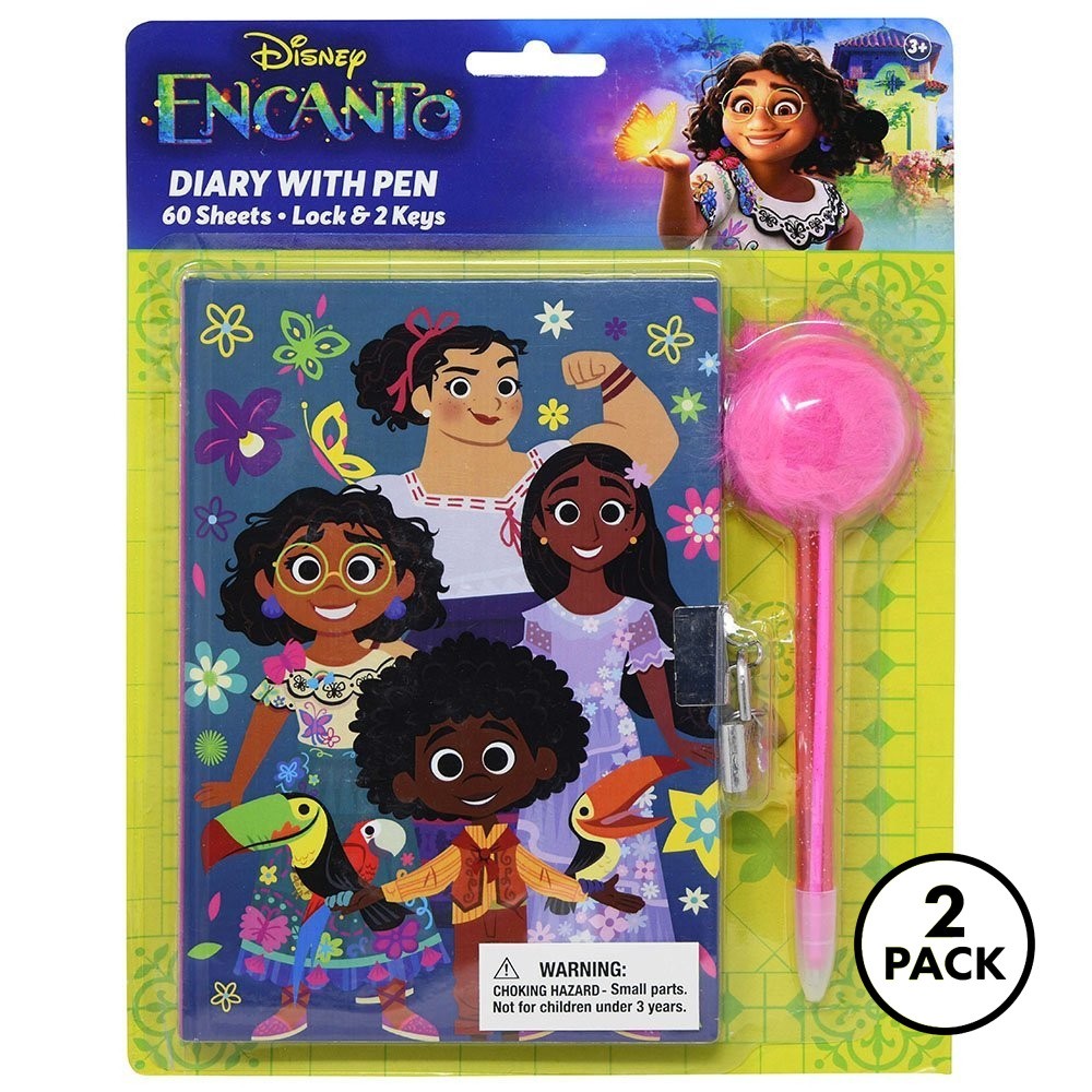 Two Disney Encanto journal diaries with locks, keys, and pom pom pens, suitable for girls ages 3 and up.