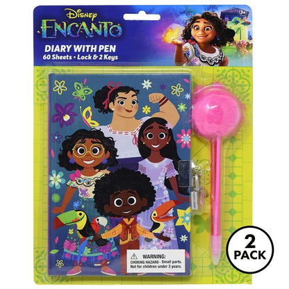 Two Disney Encanto journal diaries with locks, keys, and pom pom pens, suitable for girls ages 3 and up.