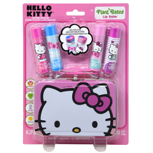 Hello Kitty plant-based lip balm gift set tin for kids ages 3 and up, four balms and tin container visible